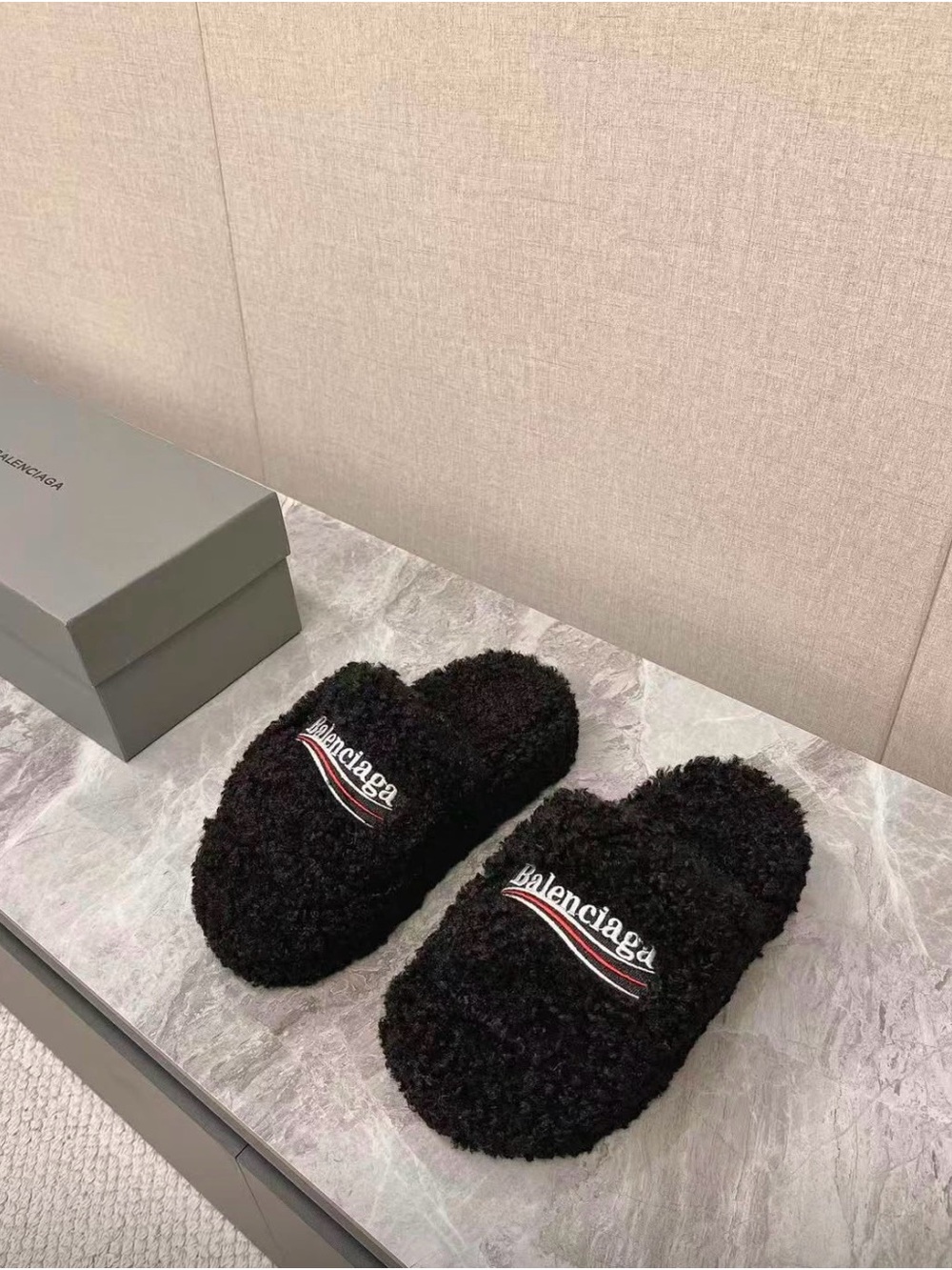 Balenciaga Black Cozy Furry Slip-Ons with Logo Stripe